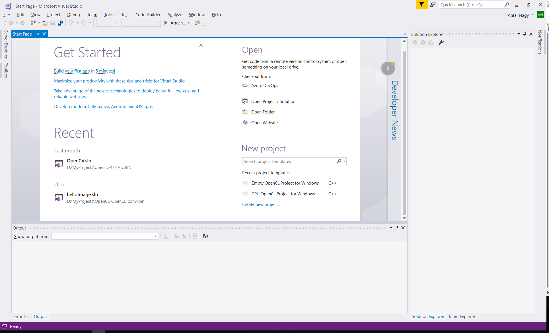 Visual Studio kezdőképernyője