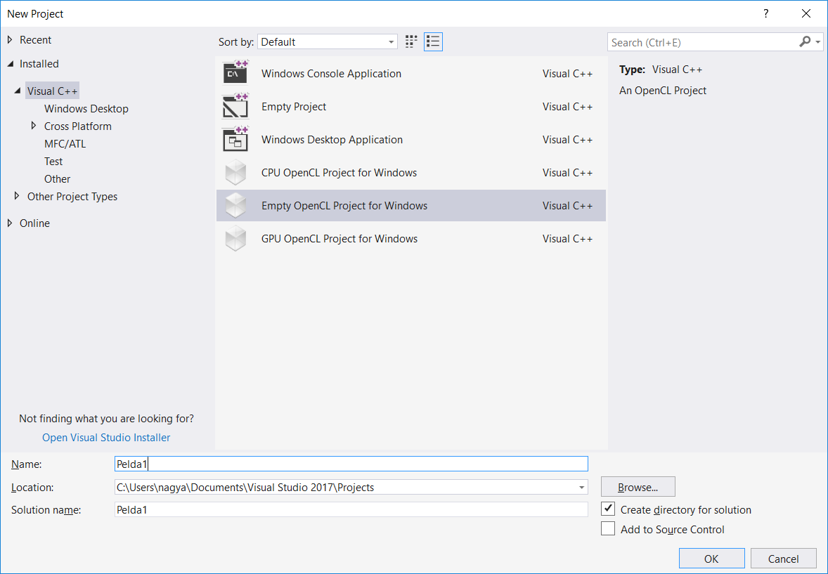 Új OpenCL projekt létrehozása
